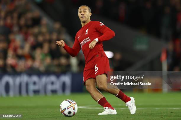 Thiago Alcantara of Liverpool during the Premier League match between Liverpool FC and West Ham United at Anfield on October 19, 2022 in Liverpool,...