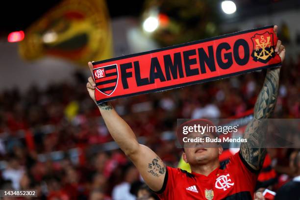 Fan of Flamengo holds a banner prior to the second leg match of the final of Copa do Brasil 2022 between Flamengo and Corinthians at Maracana Stadium...