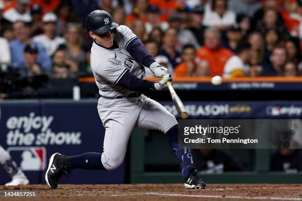Harrison Bader of the New York Yankees hits a home run during the second inning against the Houston Astros in game one of the American League...