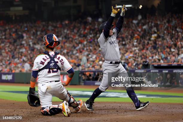 Harrison Bader of the New York Yankees celebrates a solo home run during the second inning against the Houston Astros in game one of the American...