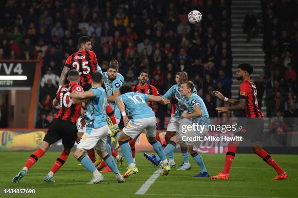 Marcos Senesi of Bournemouth heads wide during the Premier League match between AFC Bournemouth and Southampton FC at Vitality Stadium on October 19,...