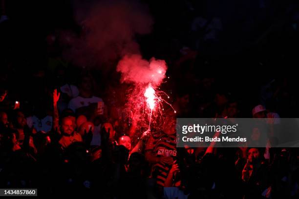 Fans of Flamengo cheer their team with flares prior to the second leg match of the final of Copa do Brasil 2022 between Flamengo and Corinthians at...