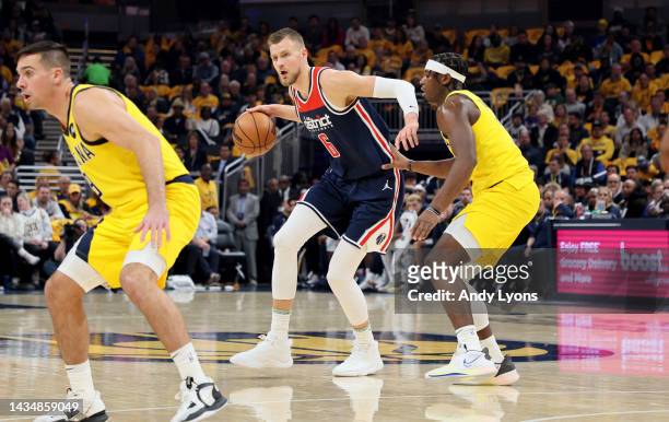 Kristaps Porzingis of the Washington Wizards in the first half against the Indiana Pacers at Gainbridge Fieldhouse on October 19, 2022 in...