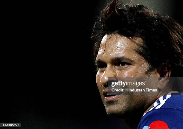 Mumbai Indians player Sachin Tendulkar before start of IPL 5 T20 cricket match played between Delhi Daredevils and Mumbai Indians at Ferozshah Kotla...