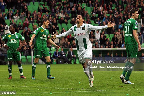 Matias Jones of Groningen celebrates scoring the first goal of the game during the Eredivisie match between FC Groningen and De Graafschap at the...