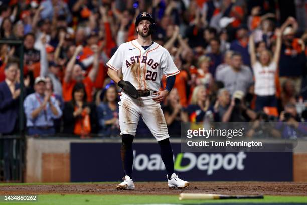 Chas McCormick of the Houston Astros celebrates after scoring a run during the second inning against the New York Yankees in game one of the American...