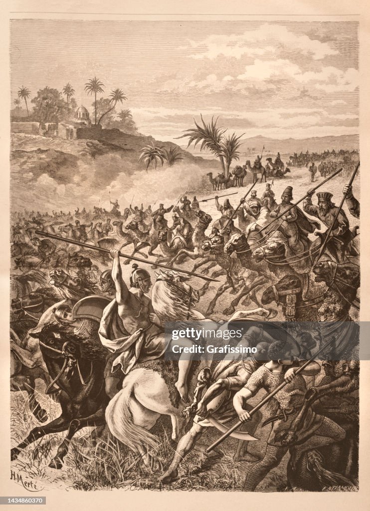 Persischer König Kyros mit Kavallerie von Kamelen in der Schlacht von Sardi 547 v. Chr.