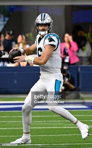 Jacob Eason of the Carolina Panthers throws a pass while playing the Los Angeles Rams at SoFi Stadium on October 16, 2022 in Inglewood, California.