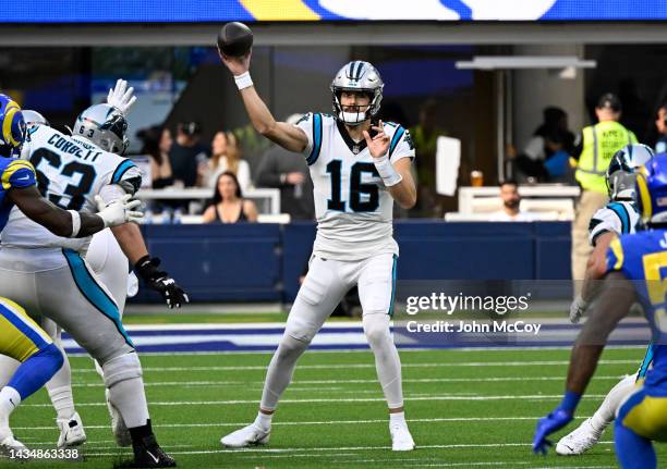 Jacob Eason of the Carolina Panthers throws a pass while playing the Los Angeles Rams at SoFi Stadium on October 16, 2022 in Inglewood, California.