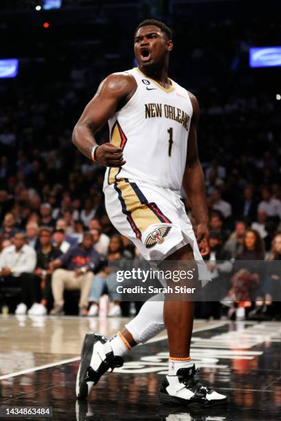 Zion Williamson of the New Orleans Pelicans reacts during the first half against the Brooklyn Nets at Barclays Center on October 19, 2022 in the...