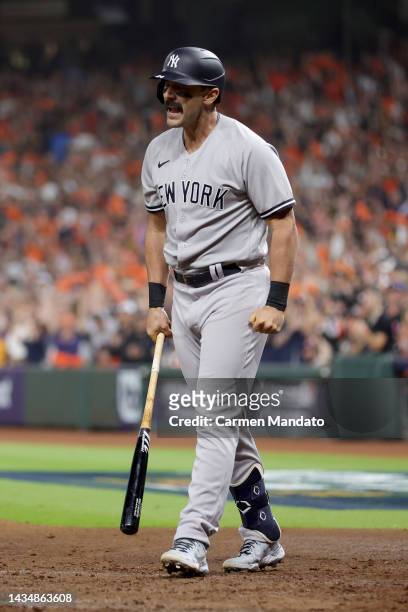 Matt Carpenter of the New York Yankees reacts after a strike out during the third inning against the Houston Astros in game one of the American...