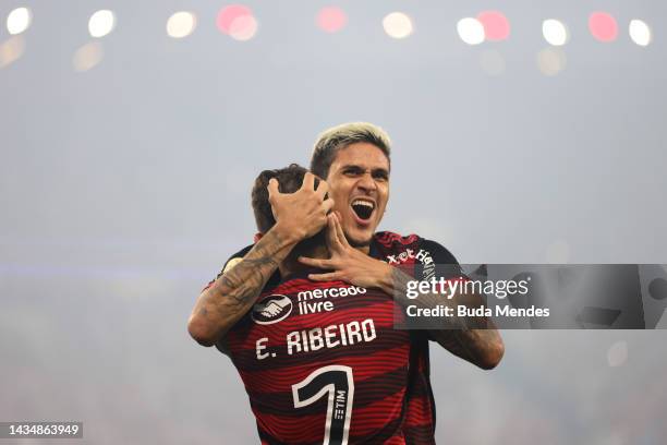Pedro of Flamengo celebrates after scoring the first goal of his team during the second leg match of the final of Copa do Brasil 2022 between...