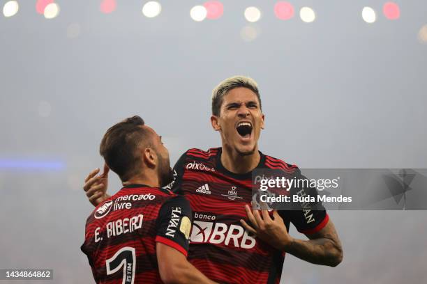 Pedro of Flamengo celebrates after scoring the first goal of his team during the second leg match of the final of Copa do Brasil 2022 between...