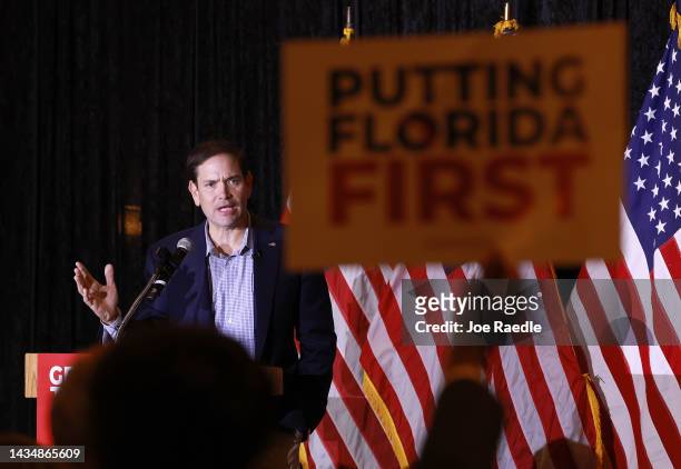 Sen. Marco Rubio speaks during a campaign event held at the Renaissance Ballrooms on October 19, 2022 in Miami, Florida. Rubio faces Democratic U.S....