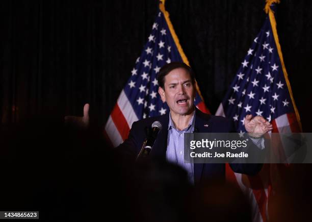 Sen. Marco Rubio speaks during a campaign event held at the Renaissance Ballrooms on October 19, 2022 in Miami, Florida. Rubio faces Democratic U.S....