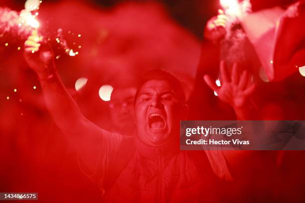 Fan of Toluca cheers prior the semifinal first leg match between Toluca and America as part of the Torneo Apertura 2022 Liga MX at Nemesio Diez...