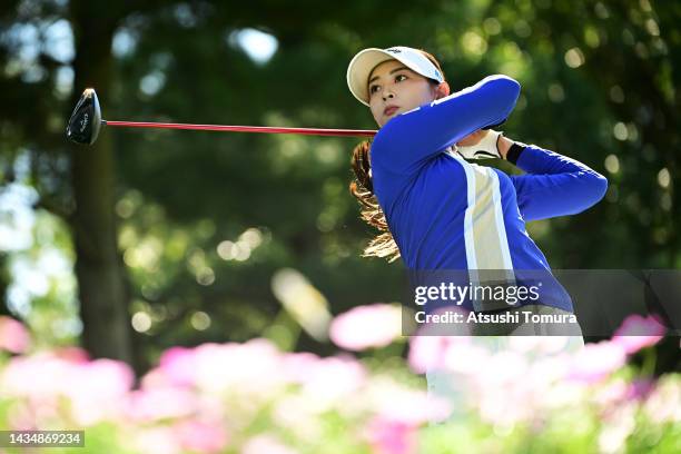 Asuka Kashiwabara of Japan plays her shot from the 15th tee during the first round of the Nobuta Group Masters GC Ladies at Masters Golf Club on...