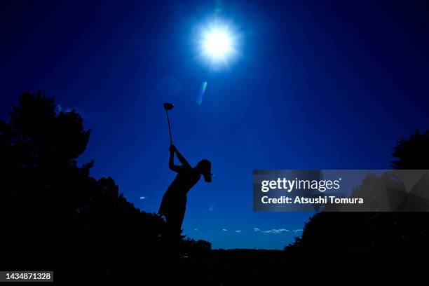 Haruka Kawasaki of Japan plays her shot from the 13th tee during the first round of the Nobuta Group Masters GC Ladies at Masters Golf Club on...