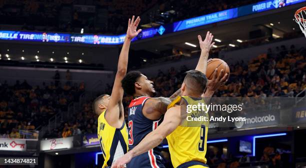 Bradley Beal of the Washington Wizards shoots the ball against against the Indiana Pacers at Gainbridge Fieldhouse on October 19, 2022 in...