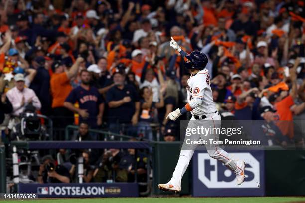 Yuli Gurriel of the Houston Astros celebrates a solo home run during the sixth inning against the New York Yankees in game one of the American League...