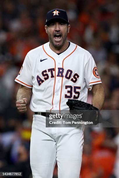 Justin Verlander of the Houston Astros reacts after a strike out during the sixth inning against the New York Yankees in game one of the American...