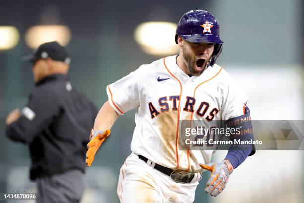 Chas McCormick of the Houston Astros reacts after hitting a home run during the sixth inning against the New York Yankees in game one of the American...