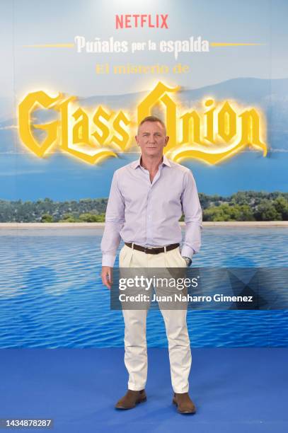 Daniel Craig attends the "Puñales Por La Espalda: El Misterio De Glass Onion" Madrid Photocall at Hotel Rosewood Villa Magna on October 19, 2022 in...