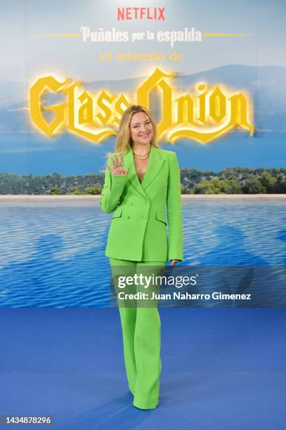 Kate Hudson attends the "Puñales Por La Espalda: El Misterio De Glass Onion" Madrid Photocall at Hotel Rosewood Villa Magna on October 19, 2022 in...