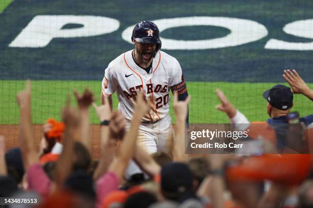 Chas McCormick of the Houston Astros celebrates a solo home run during the sixth inning against the New York Yankees in game one of the American...