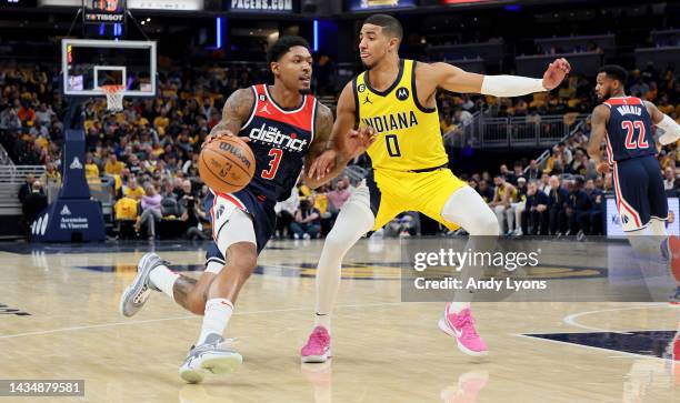 Bradley Beal of the Washington Wizards dribbles the ball against the Indiana Pacers at Gainbridge Fieldhouse on October 19, 2022 in Indianapolis,...