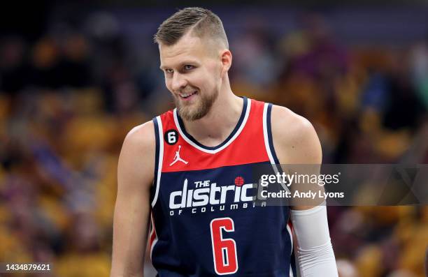 Kristaps Porzingis of the Washington Wizards against the Indiana Pacers at Gainbridge Fieldhouse on October 19, 2022 in Indianapolis, Indiana. NOTE...