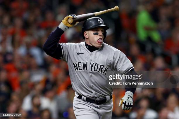 Harrison Bader of the New York Yankees reacts after flying out during the seventh inning against the Houston Astros in game one of the American...