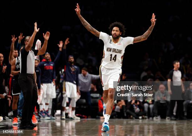 Brandon Ingram of the New Orleans Pelicans reacts during the second half against the Brooklyn Nets at Barclays Center on October 19, 2022 in the...