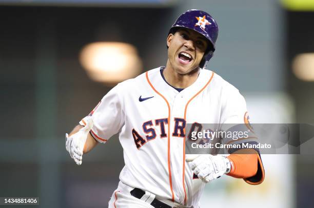 Jeremy Pena of the Houston Astros celebrates a home run during the seventh inning against the New York Yankees in game one of the American League...