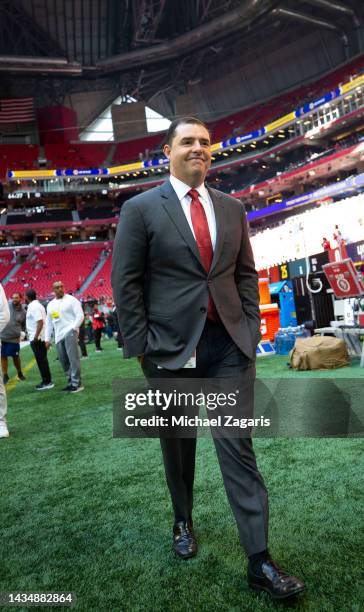 Jed York of the San Francisco 49ers on the field before the game against the Atlanta Falcons at Mercedes-Benz Stadium on October 16, 2022 in Atlanta,...