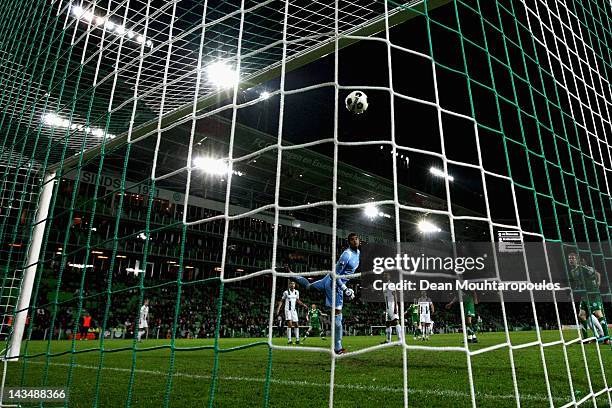 Anco Jansen of De Graafschap shoots and scores his teams first goal of the game past goalkeeper, Luciano da Silva of Groningen during the Eredivisie...