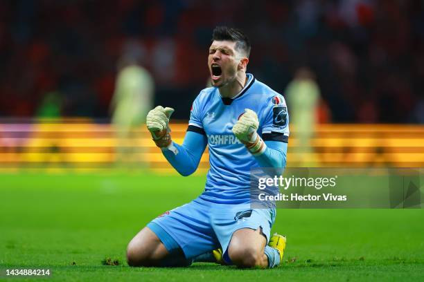 Tiago Volpi of Toluca celebrates his team's first goal during the semifinal first leg match between Toluca and America as part of the Torneo Apertura...