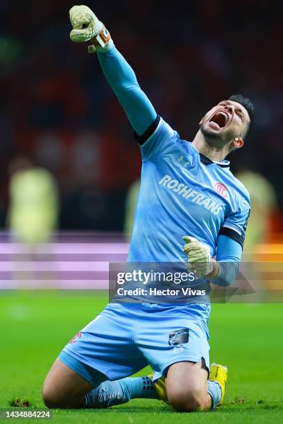 Tiago Volpi of Toluca celebrates his team's first goal during the semifinal first leg match between Toluca and America as part of the Torneo Apertura...