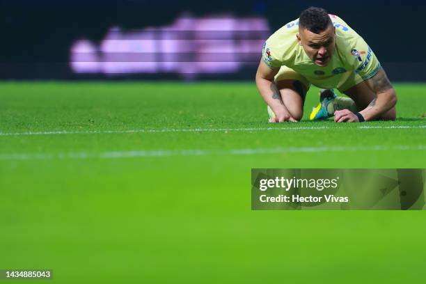 Jonathan Rodriguez of America reacts during the semifinal first leg match between Toluca and America as part of the Torneo Apertura 2022 Liga MX at...