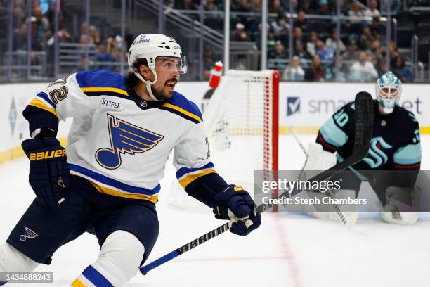 Justin Faulk of the St. Louis Blues celebrates his goal against Martin Jones of the Seattle Kraken during the first period at Climate Pledge Arena on...