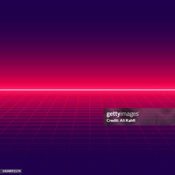 retro-stil-landschaft mit blauem raster hintergrund - retro-synthwave-background stock-grafiken, -clipart, -cartoons und -symbole