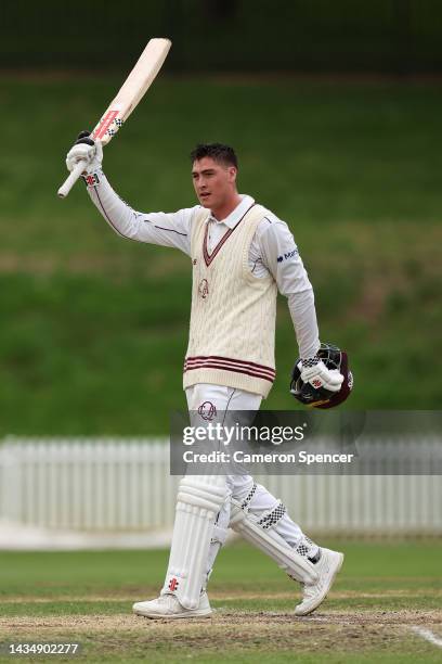 Matthew Renshaw of the Bulls celebrates scoring a double century during the Sheffield Shield match between New South Wales and Queensland at...