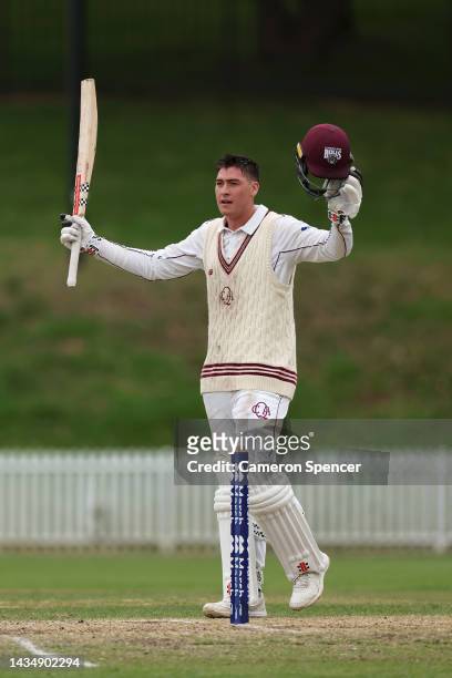 Matthew Renshaw of the Bulls celebrates scoring a double century during the Sheffield Shield match between New South Wales and Queensland at...