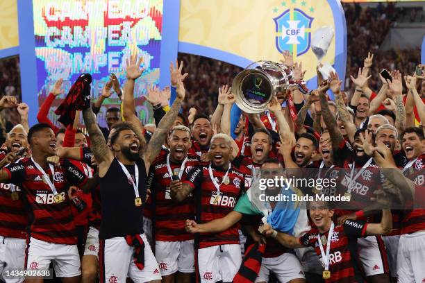 Players of Flamengo celebrate after winning the second leg match of the final of Copa do Brasil 2022 between Flamengo and Corinthians at Maracana...