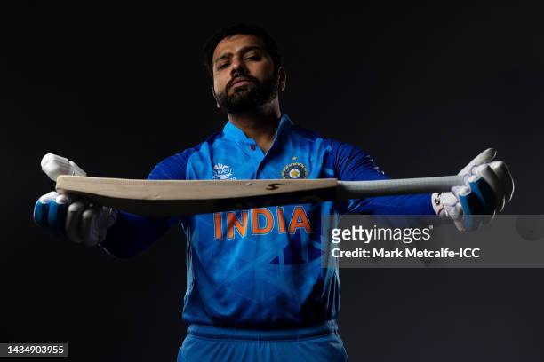 Rohit Sharma poses during the India ICC Men's T20 Cricket World Cup 2022 team headshots at The Gabba on October 18, 2022 in Brisbane, Australia.