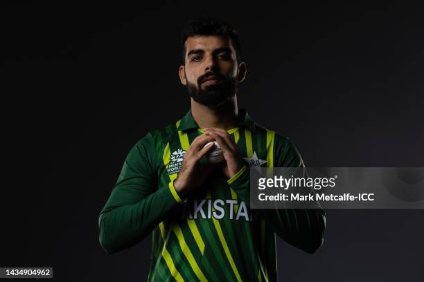 Shadab Khan poses during the Pakistan ICC Men's T20 Cricket World Cup 2022 team headshots at The Gabba on October 18, 2022 in Brisbane, Australia.