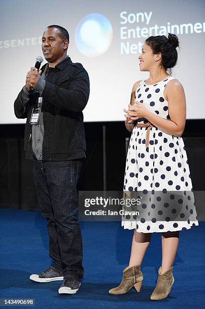 Filmmaker Michael D. Olmos and actress Gina Rodriguez speak at the "Filly Brown" screening and Q&A during Sundance London at Cineworld 02 Arena on...