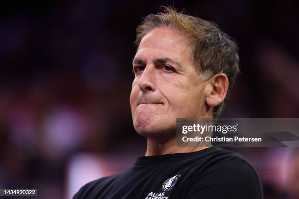 Dallas Mavericks owner Mark Cuban looks on during the first half of the NBA game at Footprint Center on October 19, 2022 in Phoenix, Arizona. The...