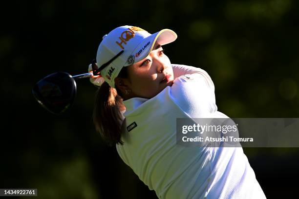 Miyu Goto of Japan plays her shot from the ninth tee during the first round of the Nobuta Group Masters GC Ladies at Masters Golf Club on October 20,...