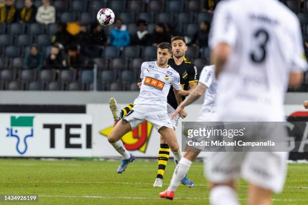 Hackens Alexander Jeremejeff in a duel with AIKs Sotirios Papagiannopoulos during an Allsvenskan between AIK and BK Hacken at Friends arena on...